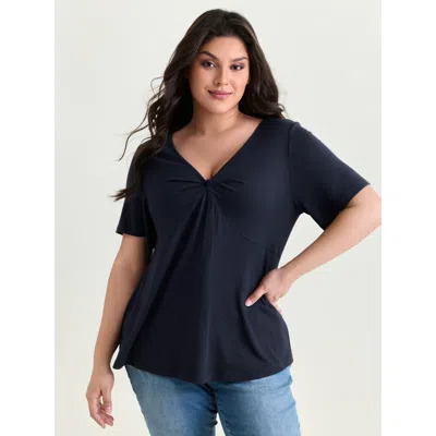 Bloomchic Women's Plus Size Supersoft Ruched V-neck T-shirt Indigo Solid Casual Short Sleeve Deep V-neck 22-24 In Purple