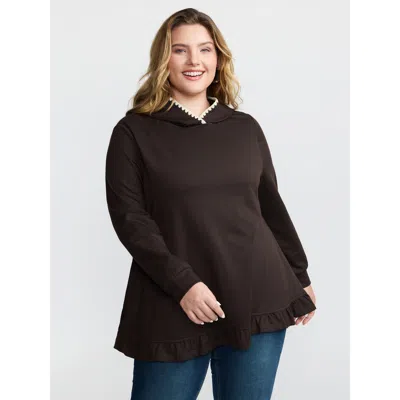 Bloomchic Women's Plus Size Supersoft Ruffled Edge Embroidered Hoodie Darkbrown Casual 18-20/2x In Brown
