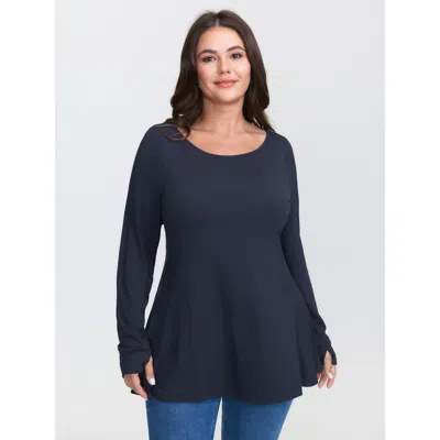 Bloomchic Women's Plus Size Supersoft Ruffled Hem Knit Top Indigo Long Sleeve Casual Boat Neck 12/l In Purple