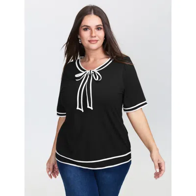 Bloomchic Women's Plus Size Supersoft Sailor Neck-tie Contrast Knit Top Black Short Sleeve Office Tie-neck 22-