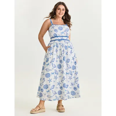 Bloomchic Women's Plus Size Supersoft Seashell Print Pockets Contrast Edge Maxi Dress Originalwhite Marine Ele