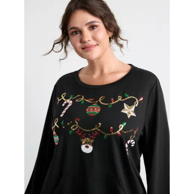 Bloomchic Women's Plus Size Supersoft Sequin Embroidery Sweatshirt Black Graphic-christmas Casual Round Neck 1
