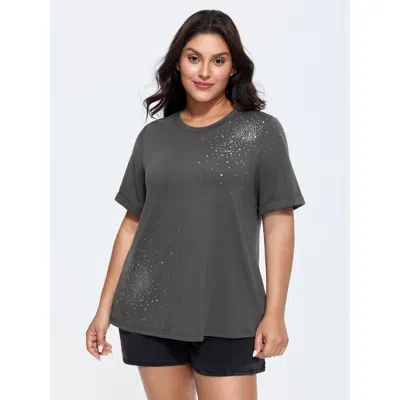 Bloomchic Women's Plus Size Supersoft Sequin Rhinestone Long T-shirt Dimgray Solid Casual Short Sleeve Round N