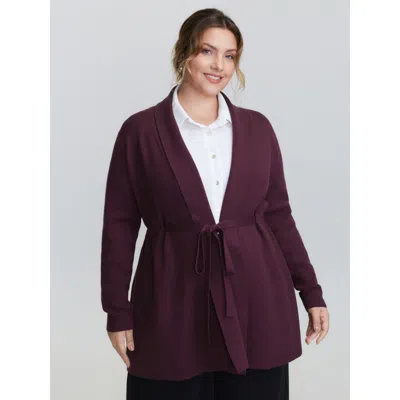 Bloomchic Women's Plus Size Supersoft Shawl Collar Belted Knit Cardigan Plum Long Sleeve 10/m In Purple