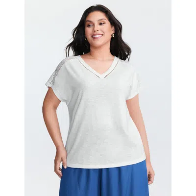 Bloomchic Women's Plus Size Supersoft Sheer Lace Shoulder V-neck T-shirt Opticwhite Non Casual Cap Sleeve 22-2 In White