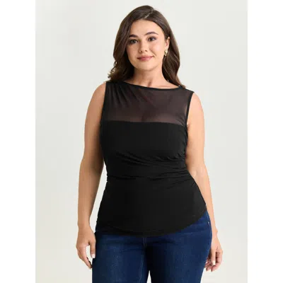 Bloomchic Women's Plus Size Supersoft Sheer Neckline Tank Top Black Elegant Fitted Boat Neck 12/l