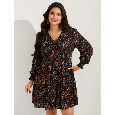 Bloomchic Women's Plus Size Supersoft Shirred Boho Collage Midi Dress Multicolor Geometric Short Vacation Over