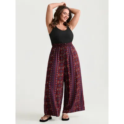 Bloomchic Women's Plus Size Supersoft Shirred Boho Contrast Print Jumpsuit Deepred Casual 10/m In Red