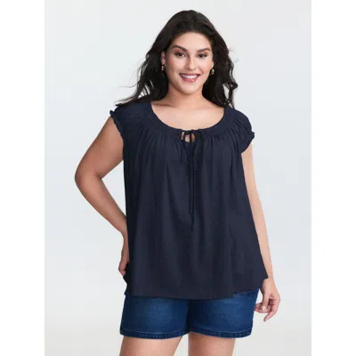 Bloomchic Women's Plus Size Supersoft Shirred Drawstring Neckline Flowy Top Darkblue Cap Sleeve Casual 10/m In Blue