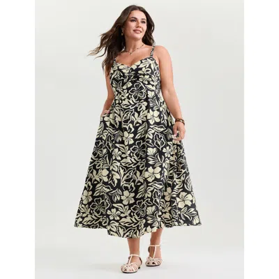 Bloomchic Women's Plus Size Supersoft Silhouette Flower Print Midi Dress Black Floral Midi Vacation Twist 10/m