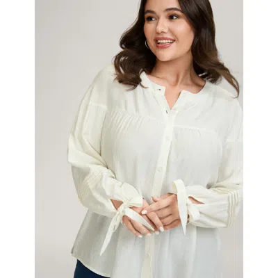 Bloomchic Women's Plus Size Supersoft Sleeve-tie Button-down Shirt Ivory Elegant Long Sleeve 10/m In White