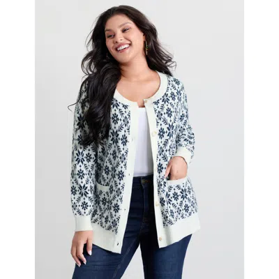 Bloomchic Women's Plus Size Supersoft Snowflake Jacquard Pattern Pockets Knit Cardigan Ivory Long Sleeve 10/m In White