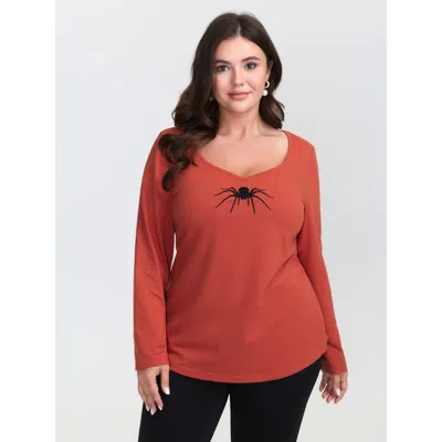 Bloomchic Women's Plus Size Supersoft Spider Embroidery T-shirt Brightorange Non Casual Long Sleeve 10/m