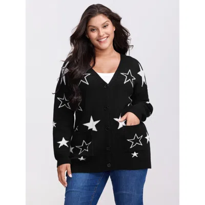Bloomchic Women's Plus Size Supersoft Star Jacquard Pockets Button Knit Cardigan Black Long Sleeve 12/l