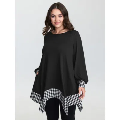Bloomchic Women's Plus Size Supersoft Stretchy Checkered Asymmetrical Hem T-shirt Black Non Casual Extra Long 