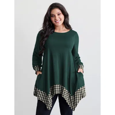Bloomchic Women's Plus Size Supersoft Stretchy Checkered Asymmetrical Hem T-shirt Darkgreen Non Casual Extra L In Green