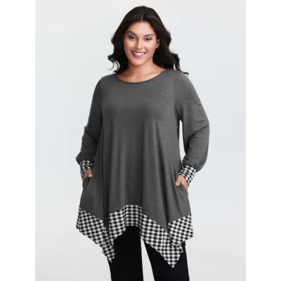 Bloomchic Women's Plus Size Supersoft Stretchy Checkered Asymmetrical Hem T-shirt Dimgray Non Casual Extra Lon