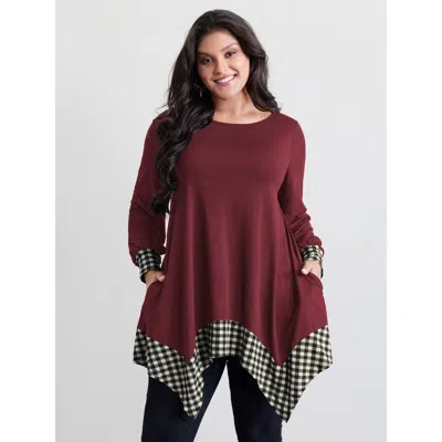 Bloomchic Women's Plus Size Supersoft Stretchy Checkered Asymmetrical Hem T-shirt Scarlet Non Casual Extra Lon In Red