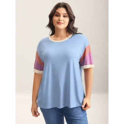 Bloomchic Women's Plus Size Supersoft Stretchy Color Contrast T-shirt Lightblue Geometric Casual Short Sleeve  In Blue
