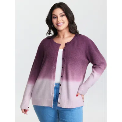 Bloomchic Women's Plus Size Supersoft Stretchy Color Gradient Knit Cardigan Redviolet Long Sleeve Round Neck 1