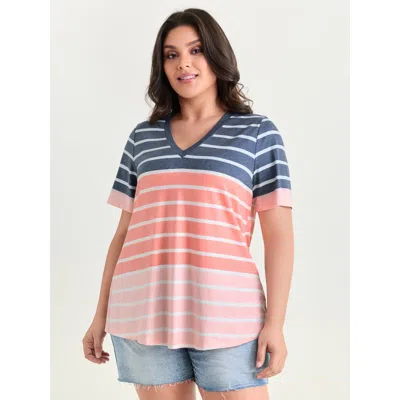 Bloomchic Women's Plus Size Supersoft Stretchy Colorful Striped Print V-neck T-shirt Darkblue Stripes Casual S In Blue