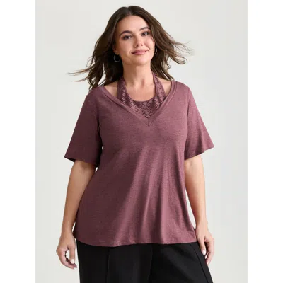 Bloomchic Women's Plus Size Supersoft Stretchy Cut-out Neckline Plain T-shirt Russet Non Casual Short Sleeve 1 In Brown