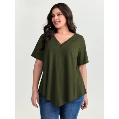 Bloomchic Women's Plus Size Supersoft Stretchy Draped Lace Trim Plain T-shirt Armygreen Non Casual Short Sleev
