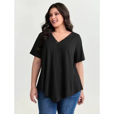 Bloomchic Women's Plus Size Supersoft Stretchy Draped Lace Trim Plain T-shirt Black Non Casual Short Sleeve 22