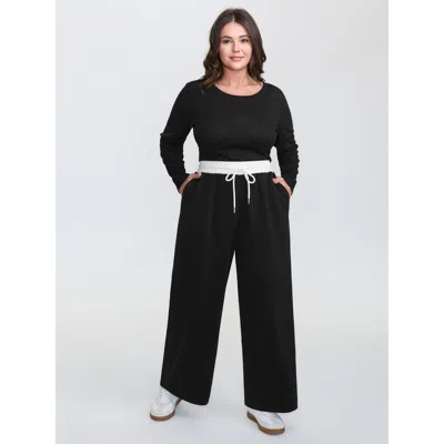 Bloomchic Women's Plus Size Supersoft Stretchy Drawstring Wide Waistband Pants Black Non Wide Leg Mid Rise Cas