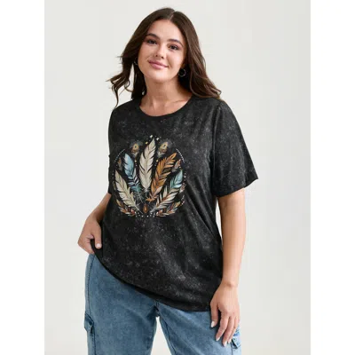 Bloomchic Women's Plus Size Supersoft Stretchy Feather Print Snowflake Effect T-shirt Black Non Casual Short S