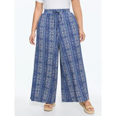 Bloomchic Women's Plus Size Supersoft Stretchy Geometric Print Wide-leg Pants Darkblue Ethnic Floral Wide Leg  In Blue