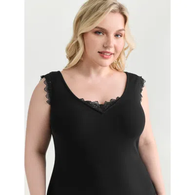 Bloomchic Women's Plus Size Supersoft Stretchy Lace Trim Neckline Tank Top Black Elegant Sheath V-neck 30/6x