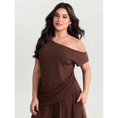 Bloomchic Women's Plus Size Supersoft Stretchy One-shoulder Ruched Knit Top Browncoffeecolor Short Sleeve Eleg