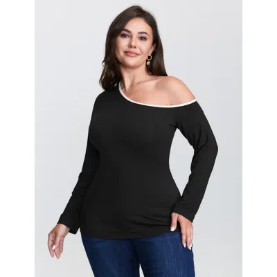 Bloomchic Women's Plus Size Supersoft Stretchy One-shoulder T-shirt Black Solid Elegant Long Sleeve Asymmetric