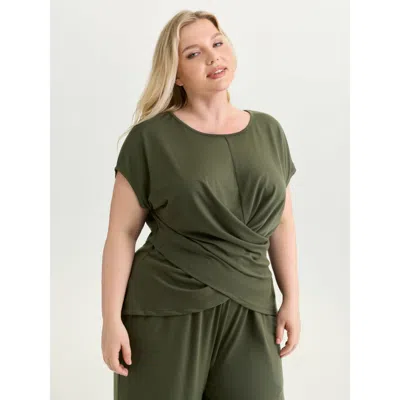 Bloomchic Women's Plus Size Supersoft Stretchy Overlap Pleated Knit Top Armygreen Cap Sleeve Casual Round Neck
