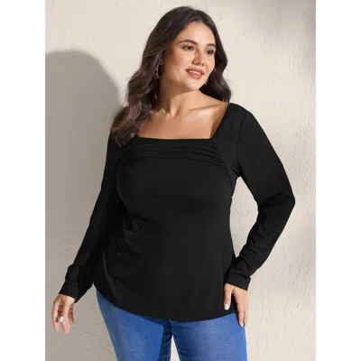 Bloomchic Women's Plus Size Supersoft Stretchy Pleated Bodice T-shirt Black Solid Vacation Long Sleeve Square 