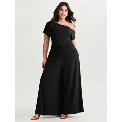 Bloomchic Women's Plus Size Supersoft Stretchy Pleated Flared Plain Pants Black Solid Flared Mid Rise Elegant 