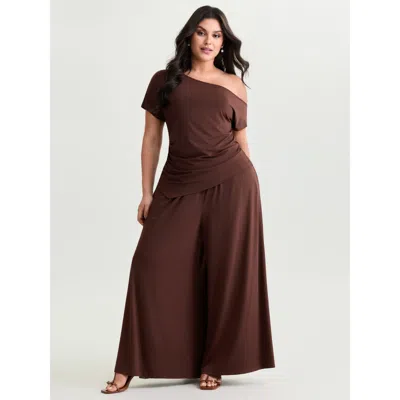 Bloomchic Women's Plus Size Supersoft Stretchy Pleated Flared Plain Pants Browncoffeecolor Solid Flared Mid Ri