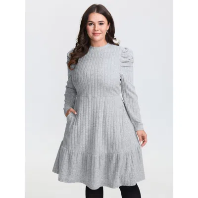 Bloomchic Women's Plus Size Supersoft Stretchy Pleated Shoulder Midi Dress Lightgray Solid Midi Elegant Ruched In Gray