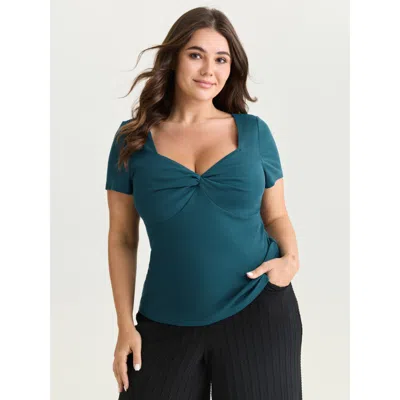 Bloomchic Women's Plus Size Supersoft Stretchy Ribbed Sweetheart Neckline Knit Top Cerulean Short Sleeve Elega In Blue