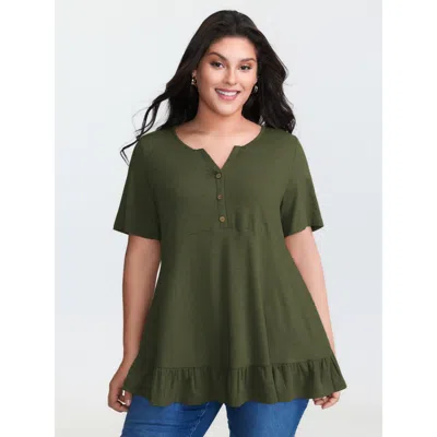 Bloomchic Women's Plus Size Supersoft Stretchy Ruffled Hemline Button T-shirt Armygreen Non Casual Short Sleev