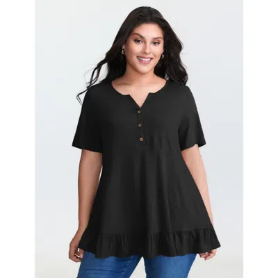 Bloomchic Women's Plus Size Supersoft Stretchy Ruffled Hemline Button T-shirt Black Non Casual Short Sleeve 12