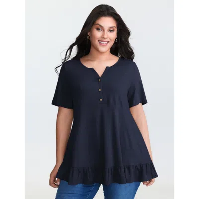 Bloomchic Women's Plus Size Supersoft Stretchy Ruffled Hemline Button T-shirt Darkblue Non Casual Short Sleeve In Blue