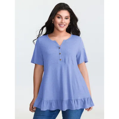 Bloomchic Women's Plus Size Supersoft Stretchy Ruffled Hemline Button T-shirt Lightblue Non Casual Short Sleev In Blue