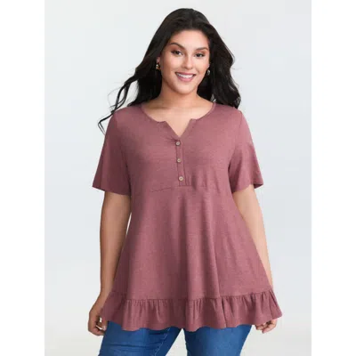 Bloomchic Women's Plus Size Supersoft Stretchy Ruffled Hemline Button T-shirt Russet Non Casual Short Sleeve 1 In Brown