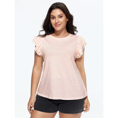 Bloomchic Women's Plus Size Supersoft Stretchy Sheer Ruffled Sleeve T-shirt Originalwhite Stripes Casual Cap S
