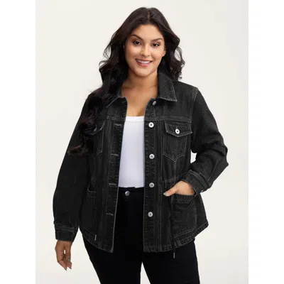 Bloomchic Women's Plus Size Supersoft Stretchy Waist Button-down Denim Jacket Denimblack Not Graphics Casual 1 In Black