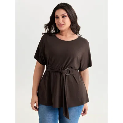 Bloomchic Women's Plus Size Supersoft Stretchy Waist-defining Tied Knit Top Darkbrown Short Sleeve Vacation Ro In Brown
