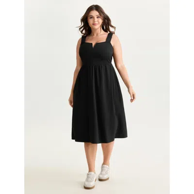 Bloomchic Women's Plus Size Supersoft Stretchy Wide-straps Plain Midi Dress Black Solid Knee Length Casual Smo