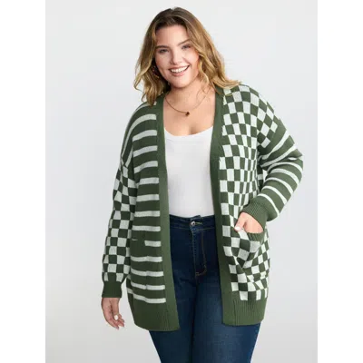 Bloomchic Women's Plus Size Supersoft Stripe Checkered Pockets Knit Cardigan Armygreen Long Sleeve 10/m